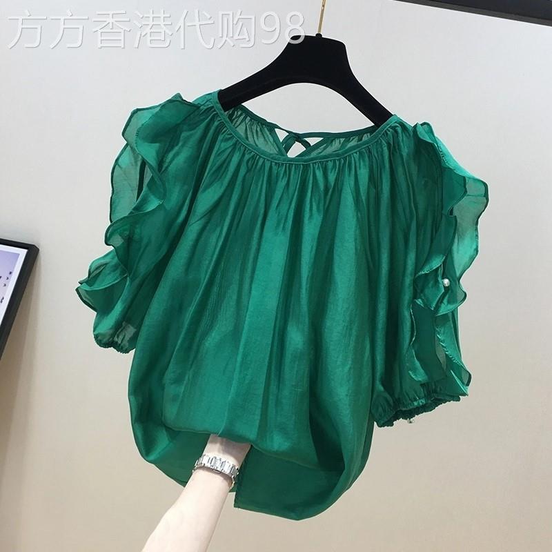 雪纺衫女夏季薄款2026年新款短袖T恤宽松大尺码洋派小衫荷叶边上