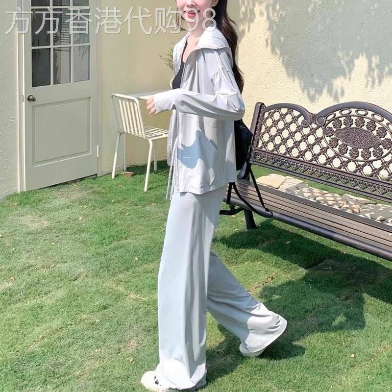 冰丝防晒套装女夏薄款2025新款速干 干阔腿裤宽松防晒连帽上衣两