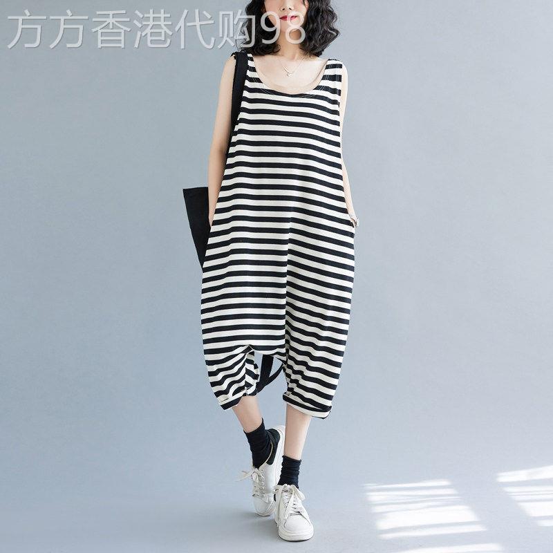 港风原宿风条纹无袖连体裤夏季新款大码女装宽松大版垮裤掉裆裤