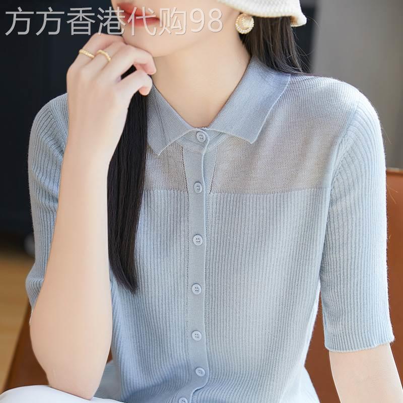 冰丝polo领短袖t恤女夏季2026年新款高级感气质修身上衣针织开衫图片