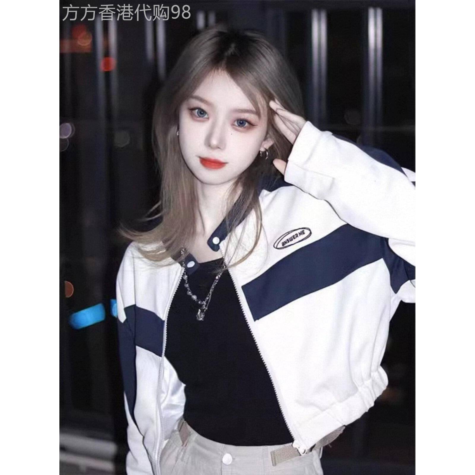 短款美式棒球服女春秋季欧货小个子立领夹克拼色拉炼外套高腰上衣
