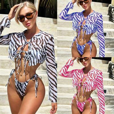 2024欧美性感条纹印花三件套泳装比基尼女Stripe printing bikini