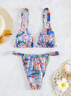 2024新款欧美分体印花花边比基尼泳装女Split print lace bikini