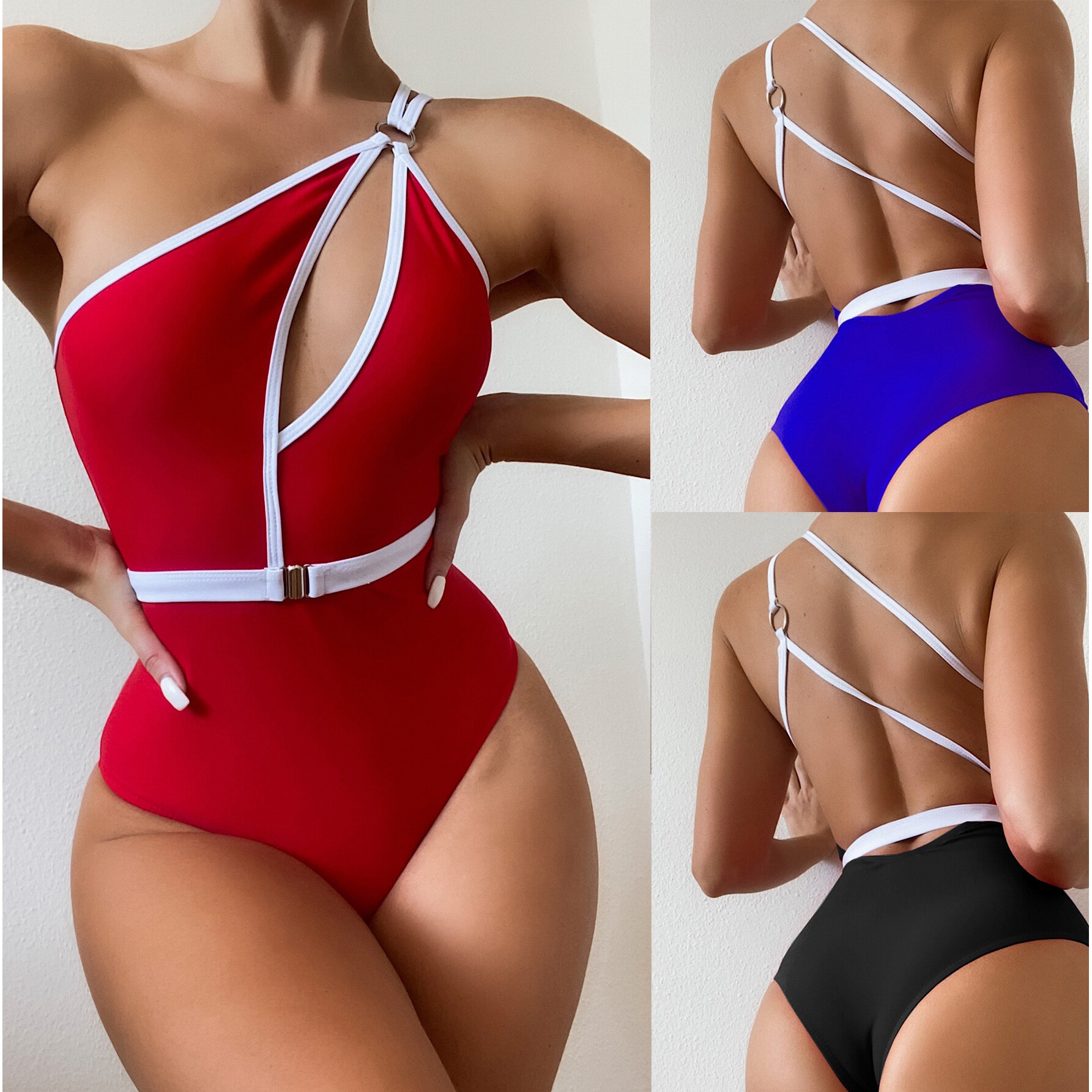 女士纯色多色连体泳衣性感腰带泳衣泳装 One-piece swimming suit