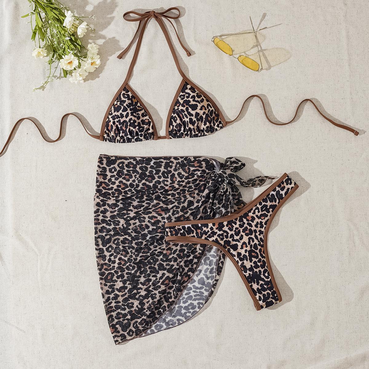 Leopard print triangular cup lace-up bikini 性感三件套泳衣女