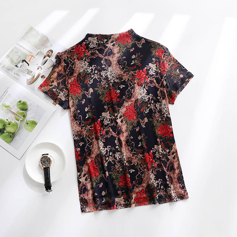 夏季女真丝网眼印花凉爽透气薄款短袖桑蚕丝修身半高领打底上衣