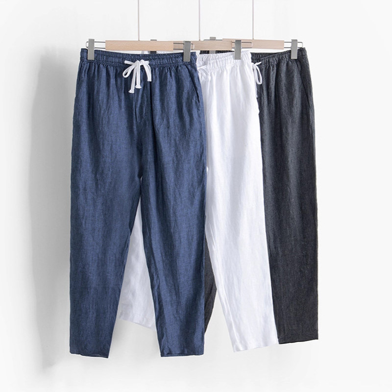 男士新款直筒亚麻薄款休闲裤宽松透气无弹抽绳复古九分裤大码纯色