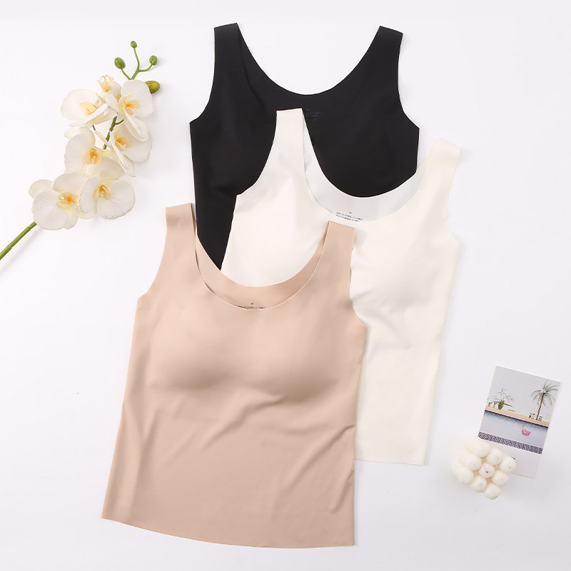夏女胸垫一体式薄款无痕蚕丝背心吊带无钢圈宽肩带真丝裸感内衣