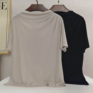 夏季时尚高档女士加捻真丝一字领T恤桑蚕丝肩部褶皱针织短袖上衣