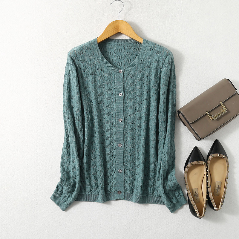 春秋丝羊绒宽松麻花镂空针织开衫 绢丝加棉混纺纯色长袖毛衣外套