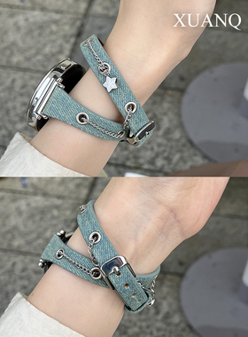 萱芊适用于华为GT6星星皮双圈牛仔表带华为手表GT54表带毛呢女款watch543pro手表带Fit4321浅蓝新款荣耀4pro