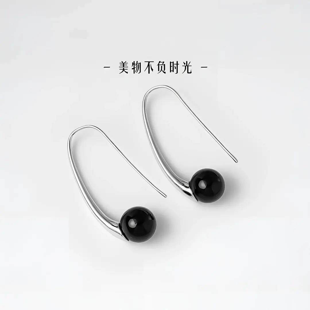 合金饰 形黑色珍珠耳环小耳众设感高级耳饰ZMMUi计ns个性简约耳钩