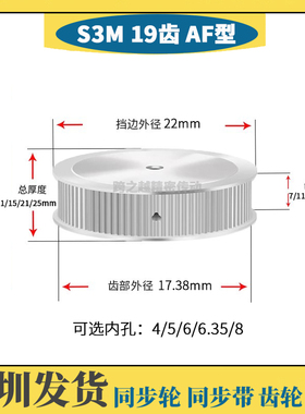 HTPS不锈钢S3M19齿 槽宽7/11/17 SUS304 AF型 同步带轮内孔4-8mm