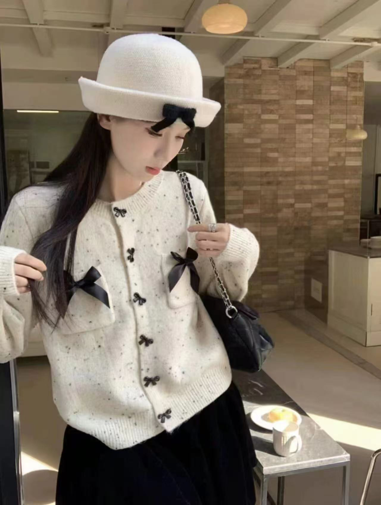 甜美学院风淑女蝴蝶结口袋针织毛衣外套女短款长袖宽松时尚款女装
