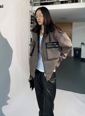 98ossi Wool coat棕色波点羊毛呢拉链口袋毛领短款棉服长袖外套