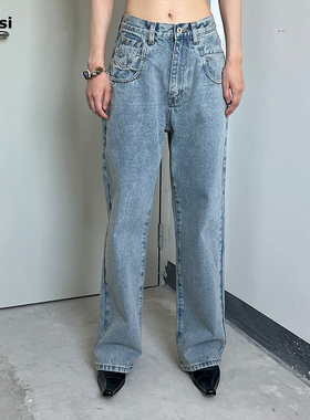 98ossi jeans 水洗蓝牛仔纯棉休闲中腰宽松复古百搭直筒牛仔裤