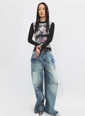 98ossi “梦”印花拼接中领长袖弹力打底上衣