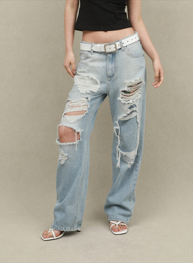 98ossi· jeans浅蓝色洗水做旧低腰破洞牛仔裤