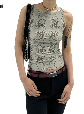 98ossi vest 浅绿色原创设计经典花色印花针织圆领弹力修身背心