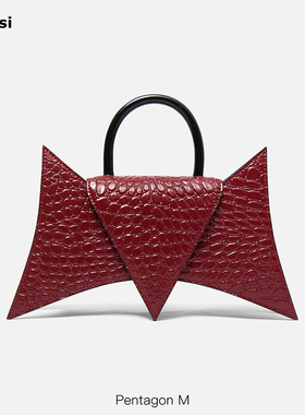 98ossi PentagonM中号深红拼色牛皮压纹五角包单肩斜挎手提链条包