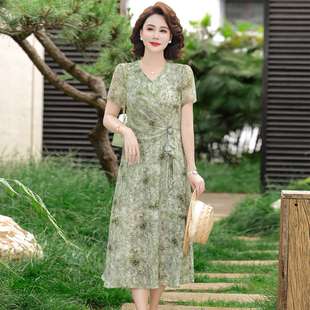 高檔印花真絲裙中年媽媽暈染桑蠶絲長 聲雨竹香云紗連衣裙女夏新款
