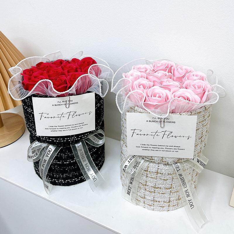 玫瑰花粉红假仿真花束送情人节女友永生花香皂花高级感情人节花店