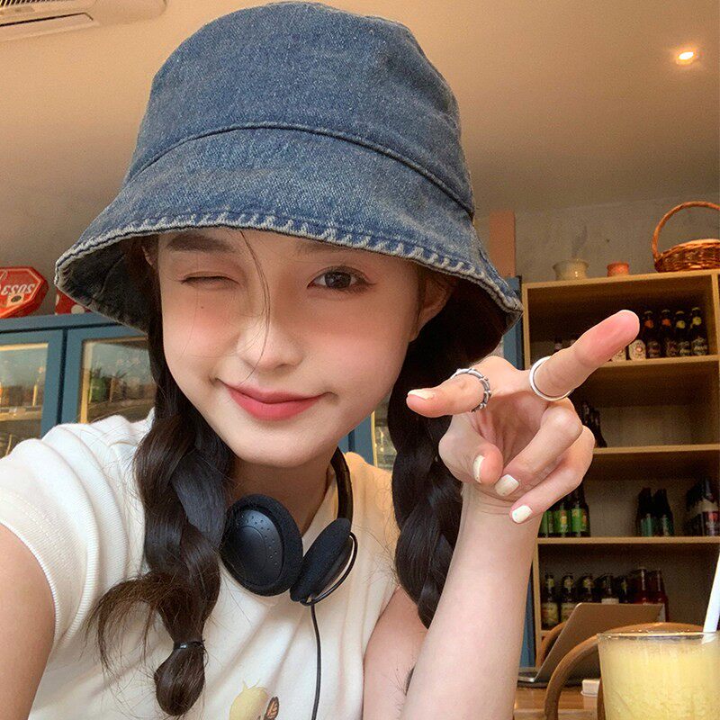 做旧牛仔渔夫帽春夏薄款防晒盆帽百搭水桶帽子女秋