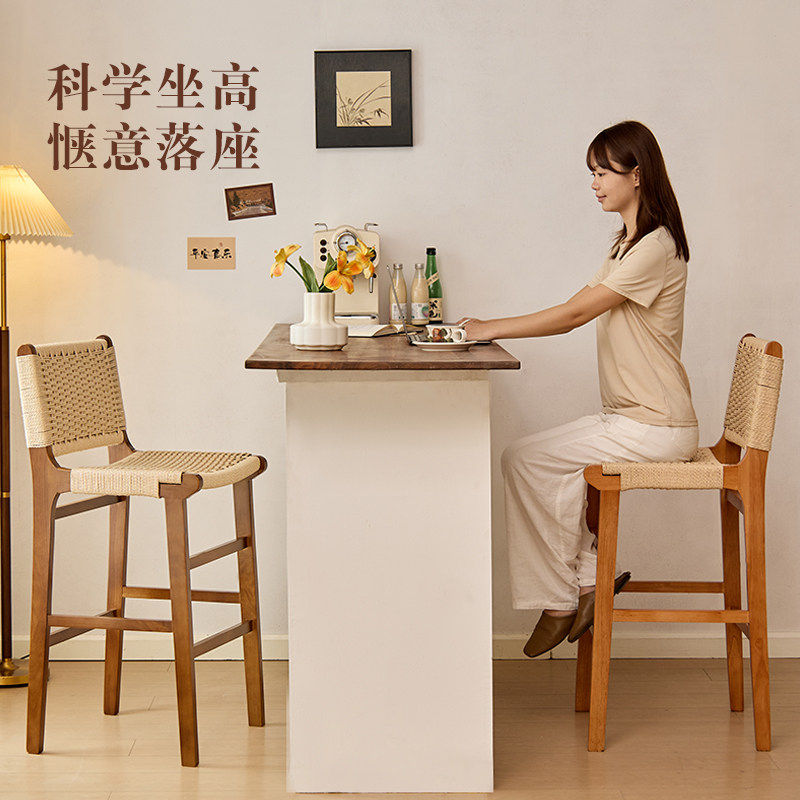 绳编高脚凳中古吧台椅民宿餐椅咖啡厅酒吧靠背高椅子岛台高脚椅