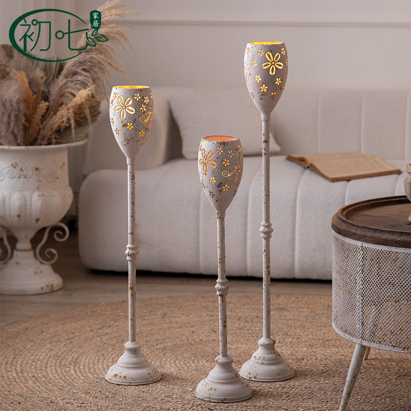 美式圣诞节浪漫蜡烛台庭院阳台落地烛台摆件做旧白色铁艺工艺品