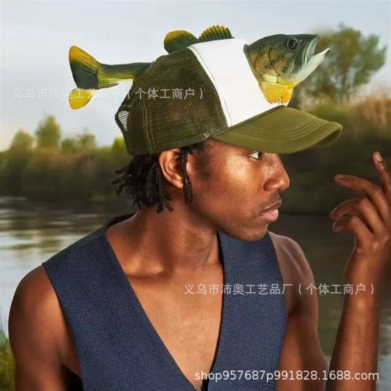 跨境新款Fish hat鱼帽钓鱼爱好者专属户外动物造型个性帽