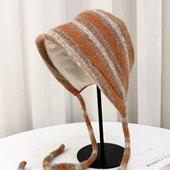 出口日本时尚 条纹冬天加厚保暖渔夫帽女韩版 百搭系绳套头针织帽子