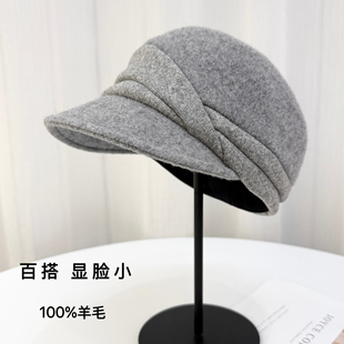 日系全羊毛呢保暖时尚 报童帽八角帽女秋冬显脸小百搭灰色鸭舌帽子