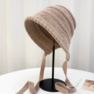出口日本明星同款 针织飘带百搭开叉护耳洋气盆帽 渔夫帽子女秋冬季