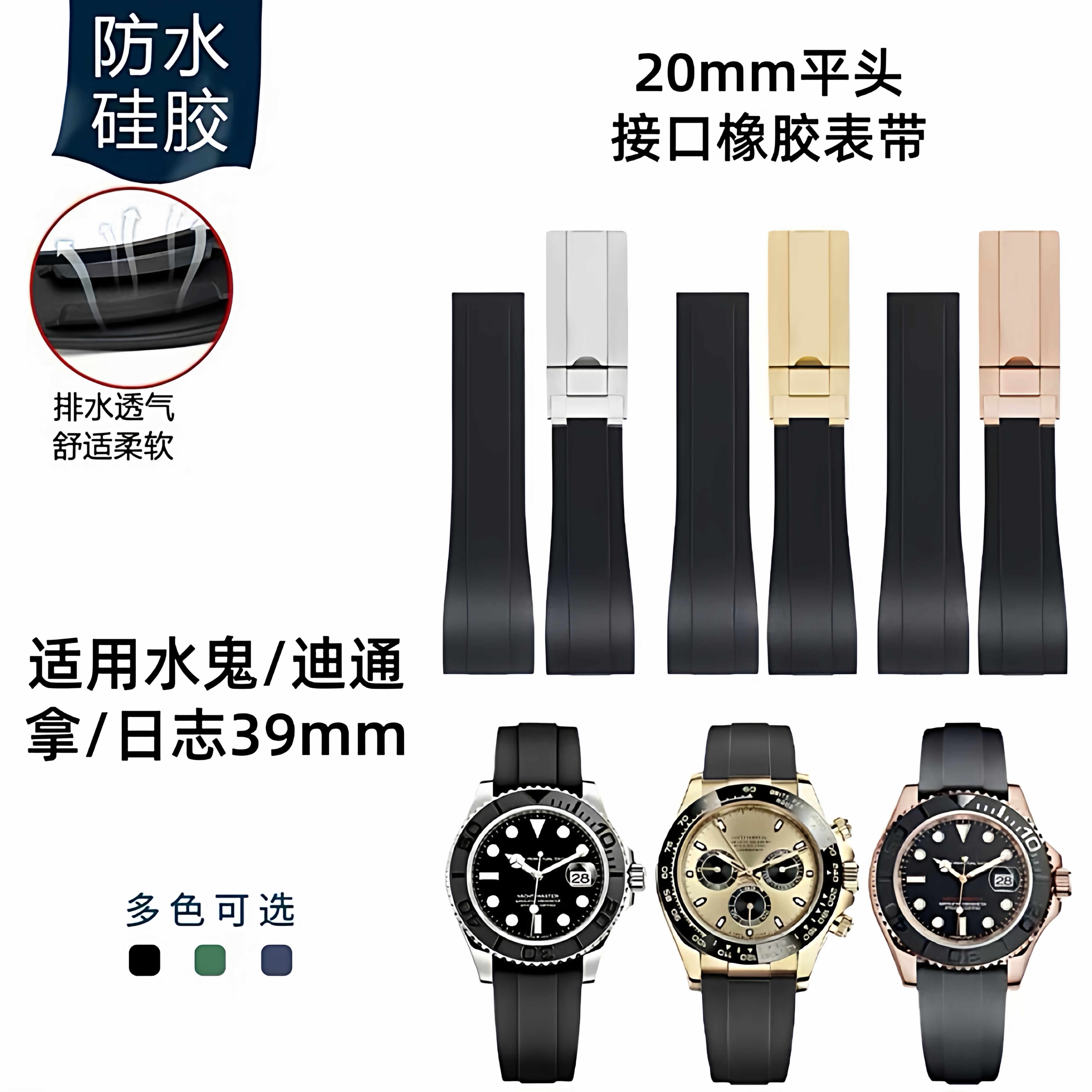 适用劳力士灰游艇名仕迪通拿绿玻璃黑水鬼日志20mm氟橡胶手带表
