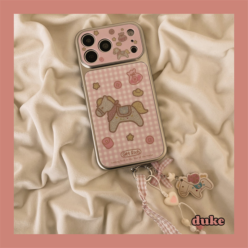 独壳 粉色格子闪粉木马带挂饰适用苹果17promax手机壳银色边框iPhone16新款15防摔14pro女款日韩风手机套硬壳,3C数码配件,手机保护套/壳,淘宝优惠券,粉丝福利购,淘宝优惠卷