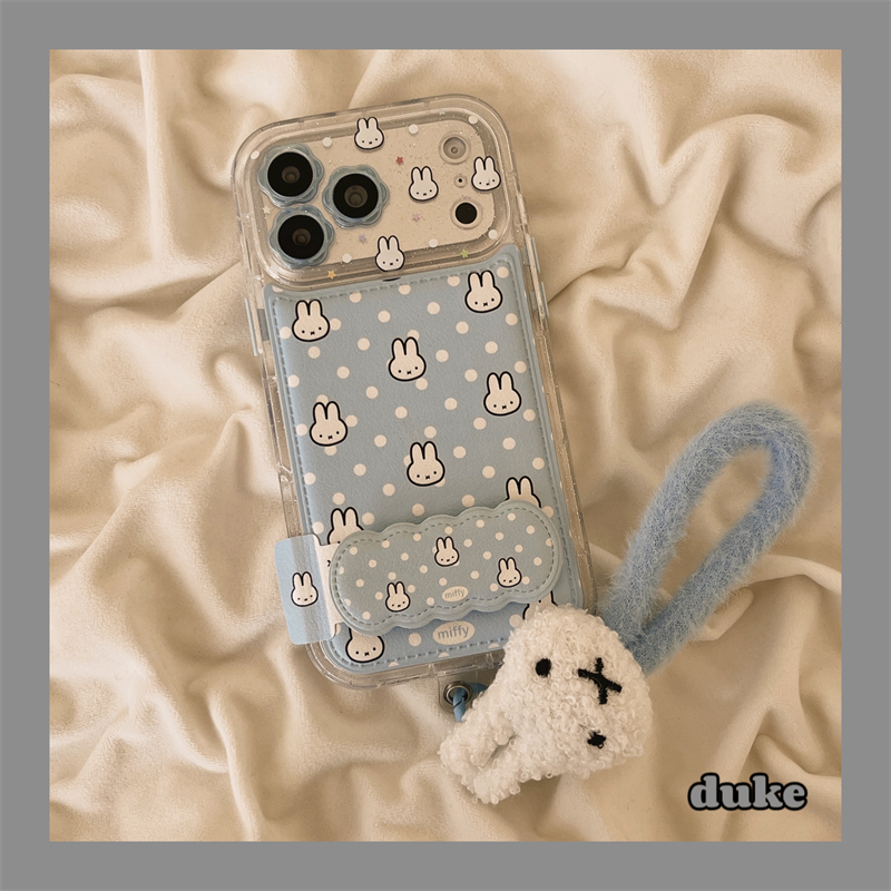 适用苹果手机壳蓝色波点兔子