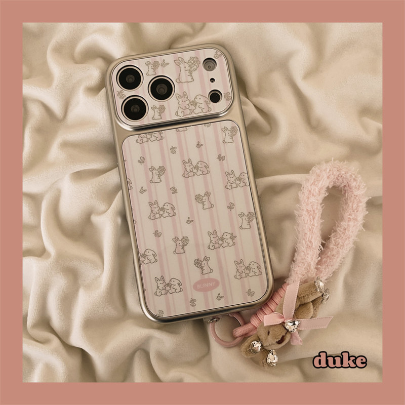 适用苹果手机壳粉色条纹兔子挂绳