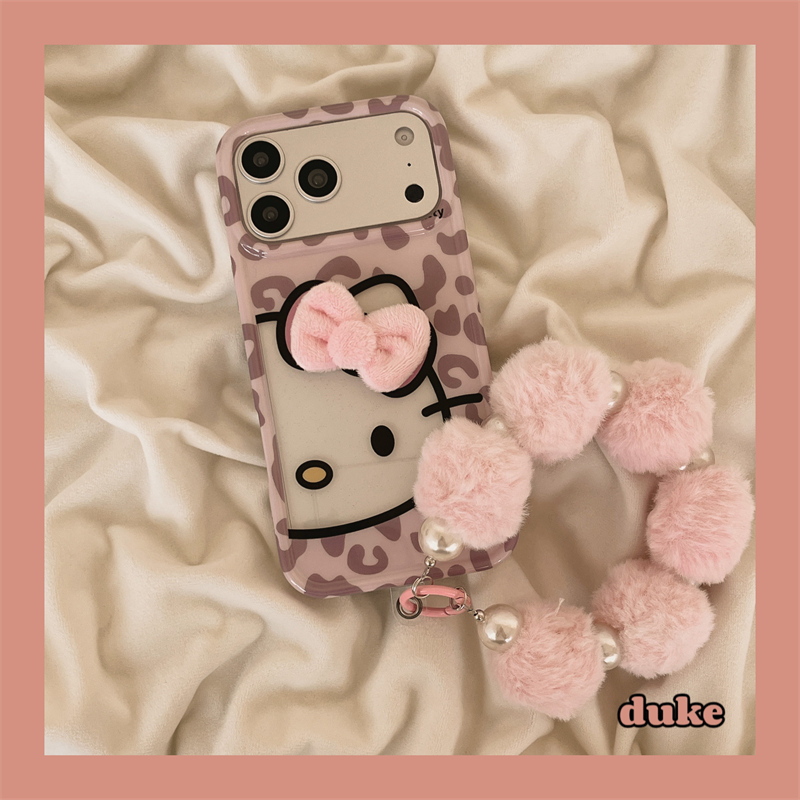 独壳 粉色豹纹kitty猫带毛绒挂绳适用苹果17promax手机壳网红日韩iPhone16新款15防摔14pro女款13手机套硬壳