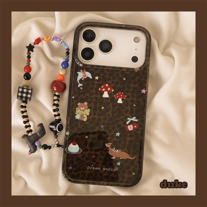 适用苹果手机壳棕色豹纹蘑菇小熊