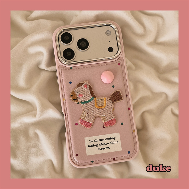 适用苹果手机壳粉色波点刺绣小马