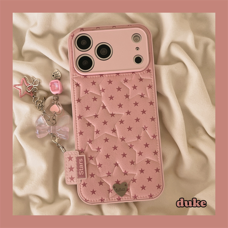 独壳 简约皮质粉色星星带挂饰适用苹果17promax手机壳可爱少女iPhone16新款15防摔14pro女款13日韩手机套硬壳