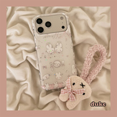 15防摔14pro女款 独壳 日韩涂鸦白色餐具兔子带毛绒挂绳适用苹果17promax手机壳可爱iPhone16新款 13手机套硬壳