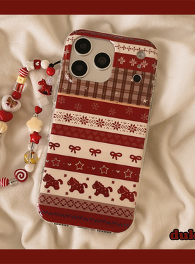 独壳 红色拼接费尔岛小马带链条适用苹果17promax手机壳日韩风iPhone16新款15防摔14pro女款13双层手机套硬壳
