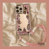 14ProMax防摔13pro女款 独壳 镜面格子哭娃带挂绳适用苹果16手机壳卡通iPhone15promax新款 补妆镜子手机套硬壳