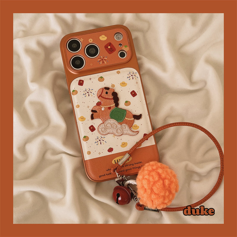 独壳 皮质橙色刺绣发财小马带挂绳适用苹果17promax手机壳新年款iPhone16新款15防摔14pro女款全包手机套硬壳,3C数码配件,手机保护套/壳,淘宝优惠券,粉丝福利购,淘宝优惠卷
