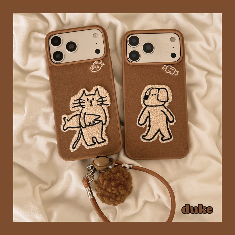 适用苹果手机壳卡通刺绣猫咪小狗