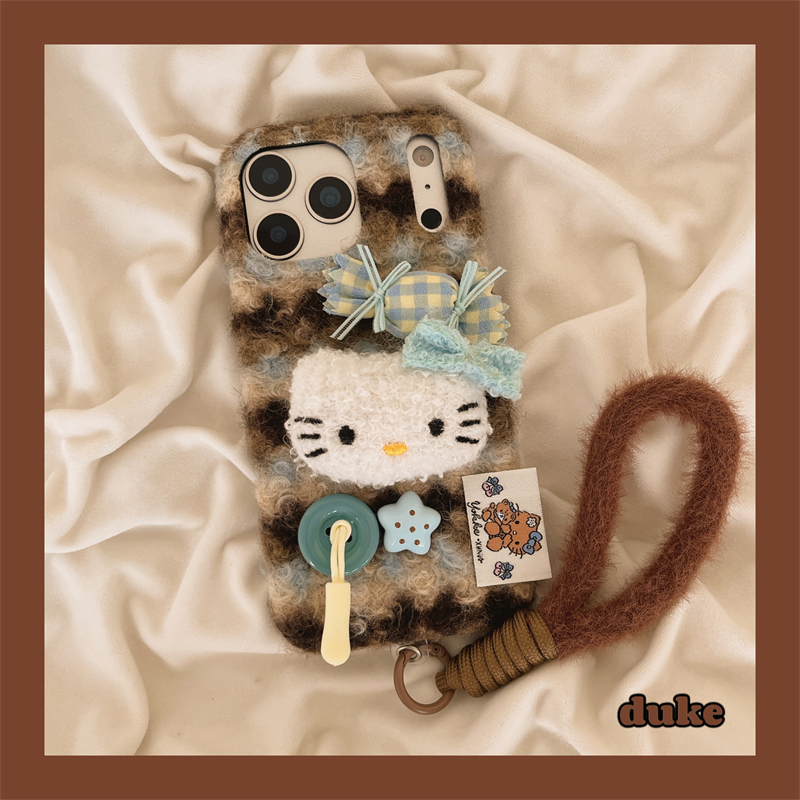 适用苹果手机壳毛绒格纹kitty