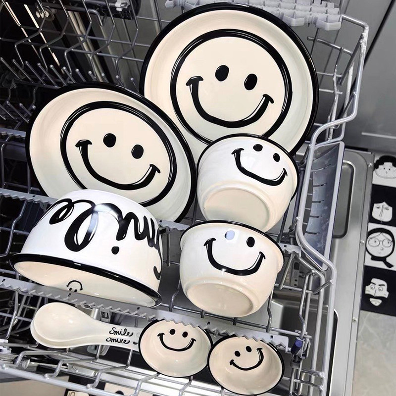 笑脸碗碗盘套装家用陶瓷米饭碗碟餐具一人食吃饭碗筷勺盘子汤碗,餐饮具,碗,淘宝优惠券,粉丝福利购,淘宝优惠卷