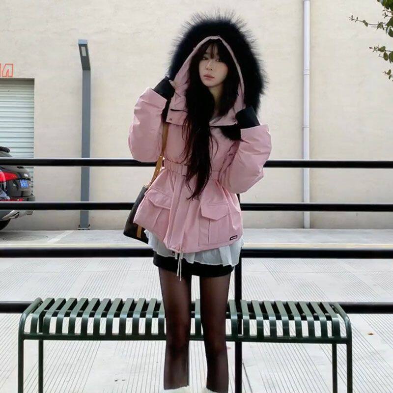 甜美少女风粉色毛毛领连