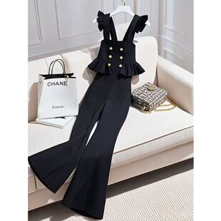 2025春装 连衣裤 新款 独特荷叶边一件式 气质名媛法式 黑色背带连体裤